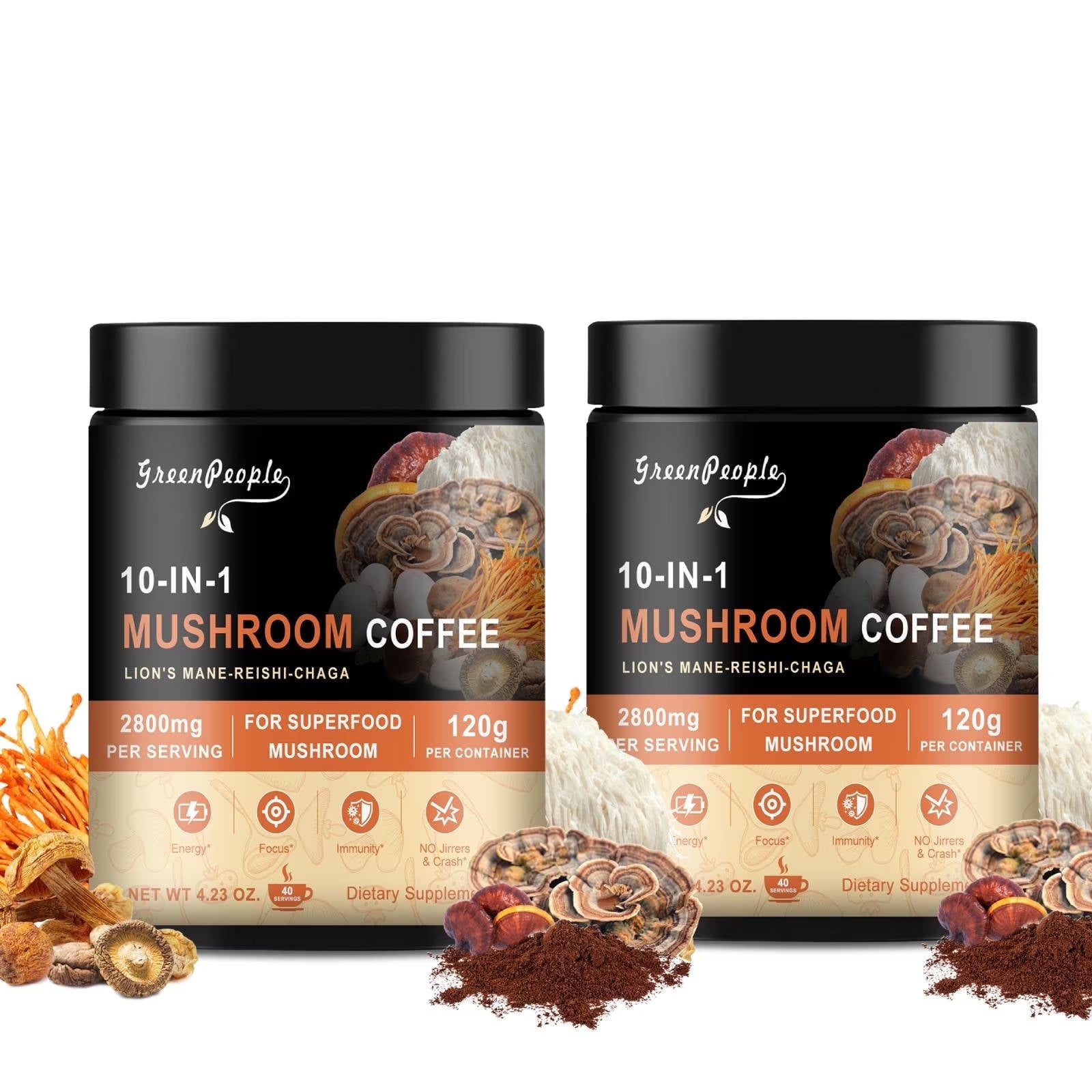 (2 Pack) Mushroom Coffee Powder 2800 mg (40 Servings), 10-in-1 Mushroom Blend Supplement 120g (4.23 oz)