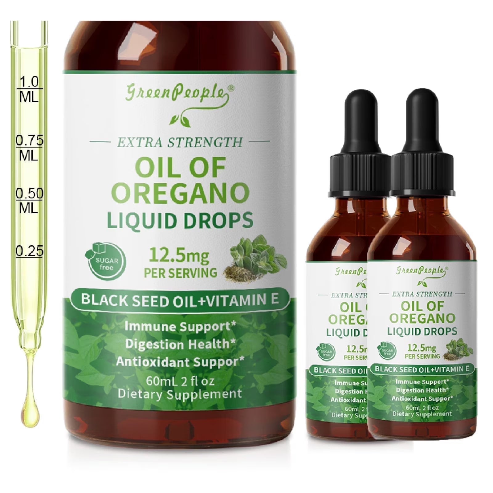 Two bottles of GreenPeople oregano oil drops in a 2-pack, featuring herbal liquid for immune support and digestive health.