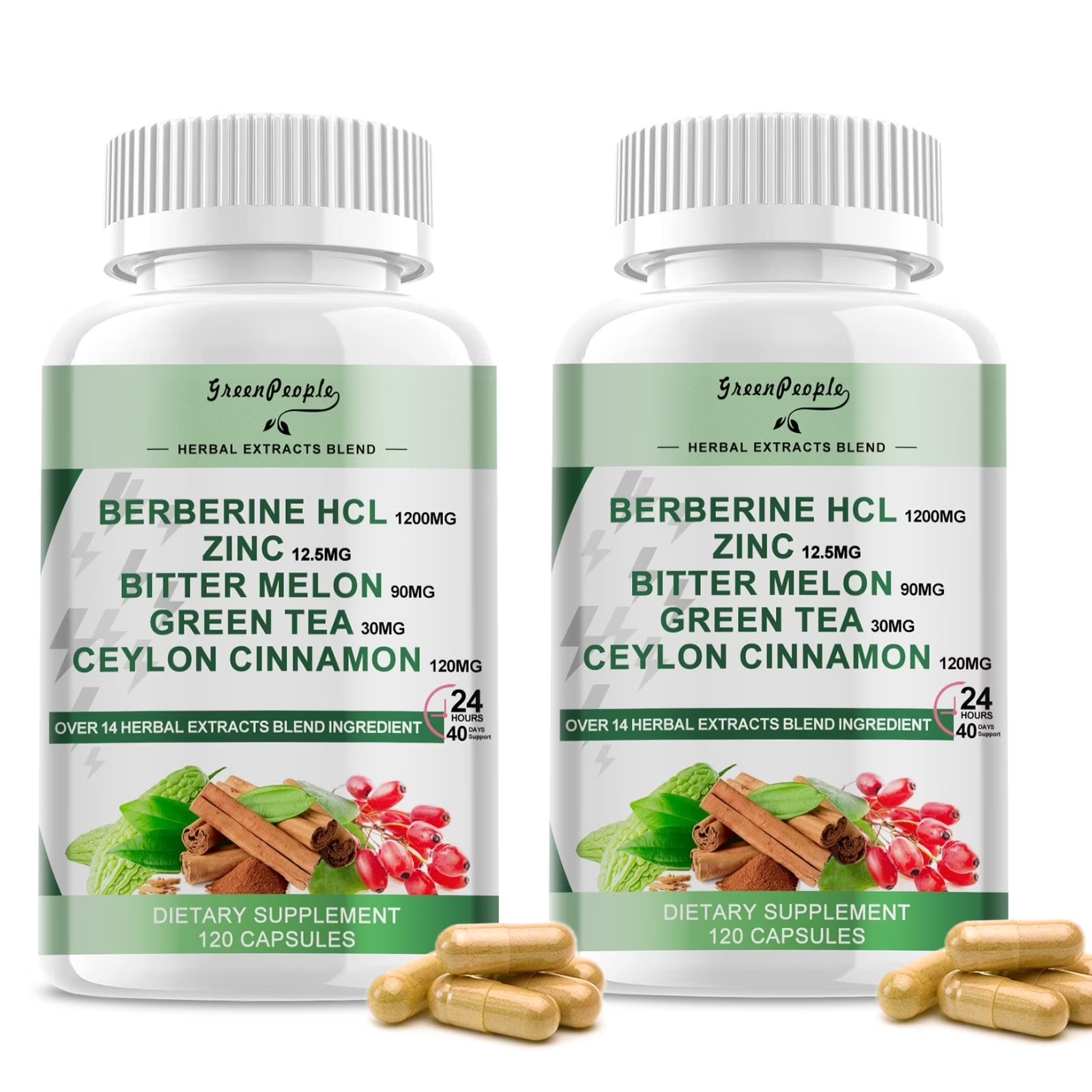 (2 Pack) Berberine HCL 1200mg, 120 Capsules Berberine Supplement- Plus Bitter Melon Extract & Ceylon Cinnamon for Immune System - GreenPeople