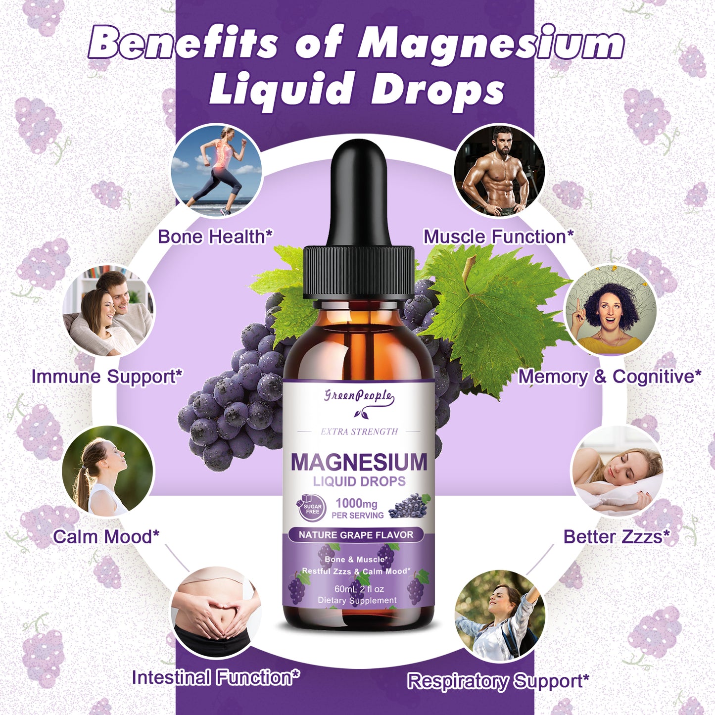 GREENPEOPLE Magnesium Glycinate Liquid Drops 1000mg Liquid Magnesium Complex with D3 K2 & B6 Sugar-Free Grape Flavor