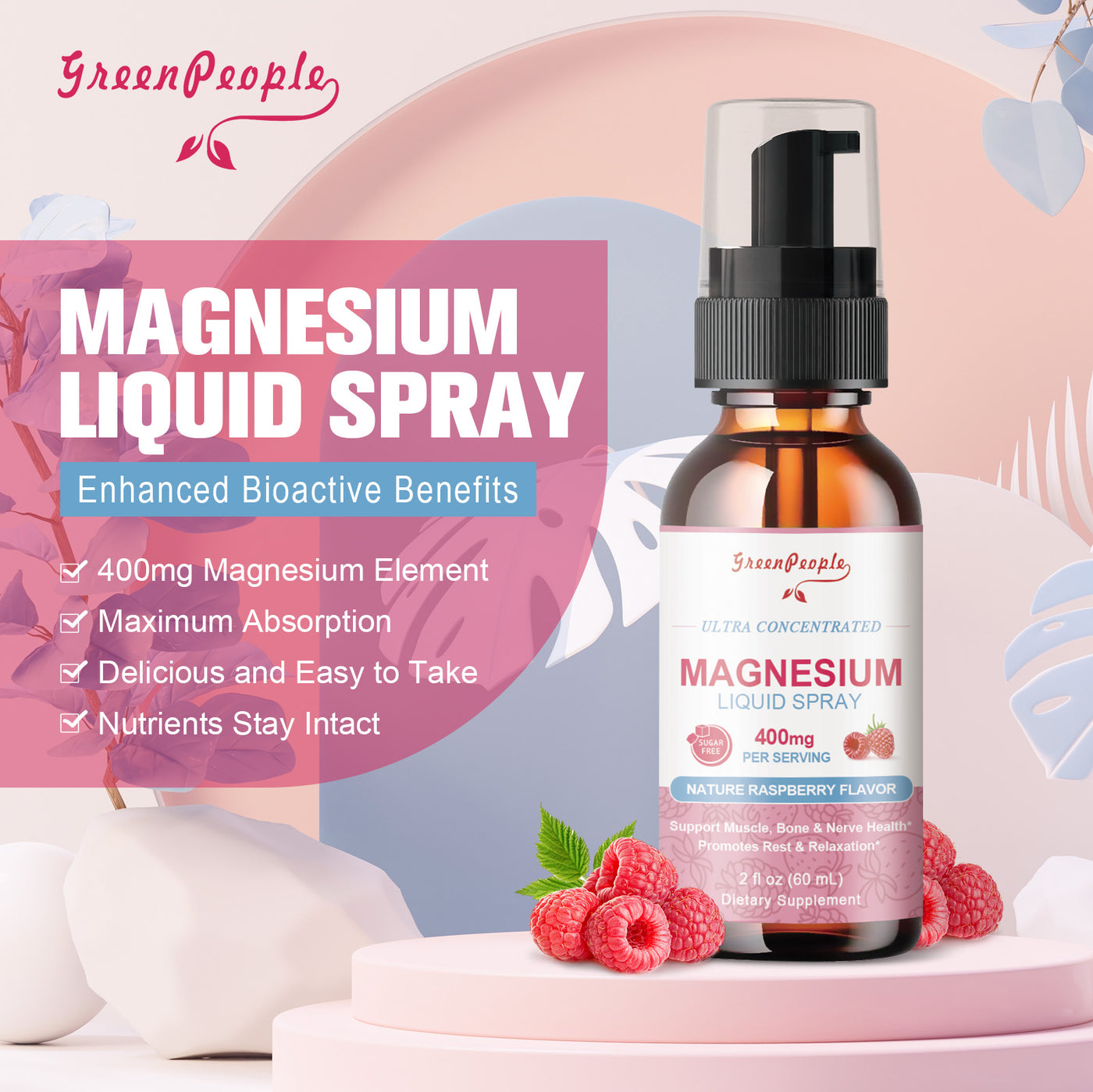 GREENPEOPLE Magnesium Complex Liquid Spray 400mg of Magnesium Glycinate Raspberry Flavor