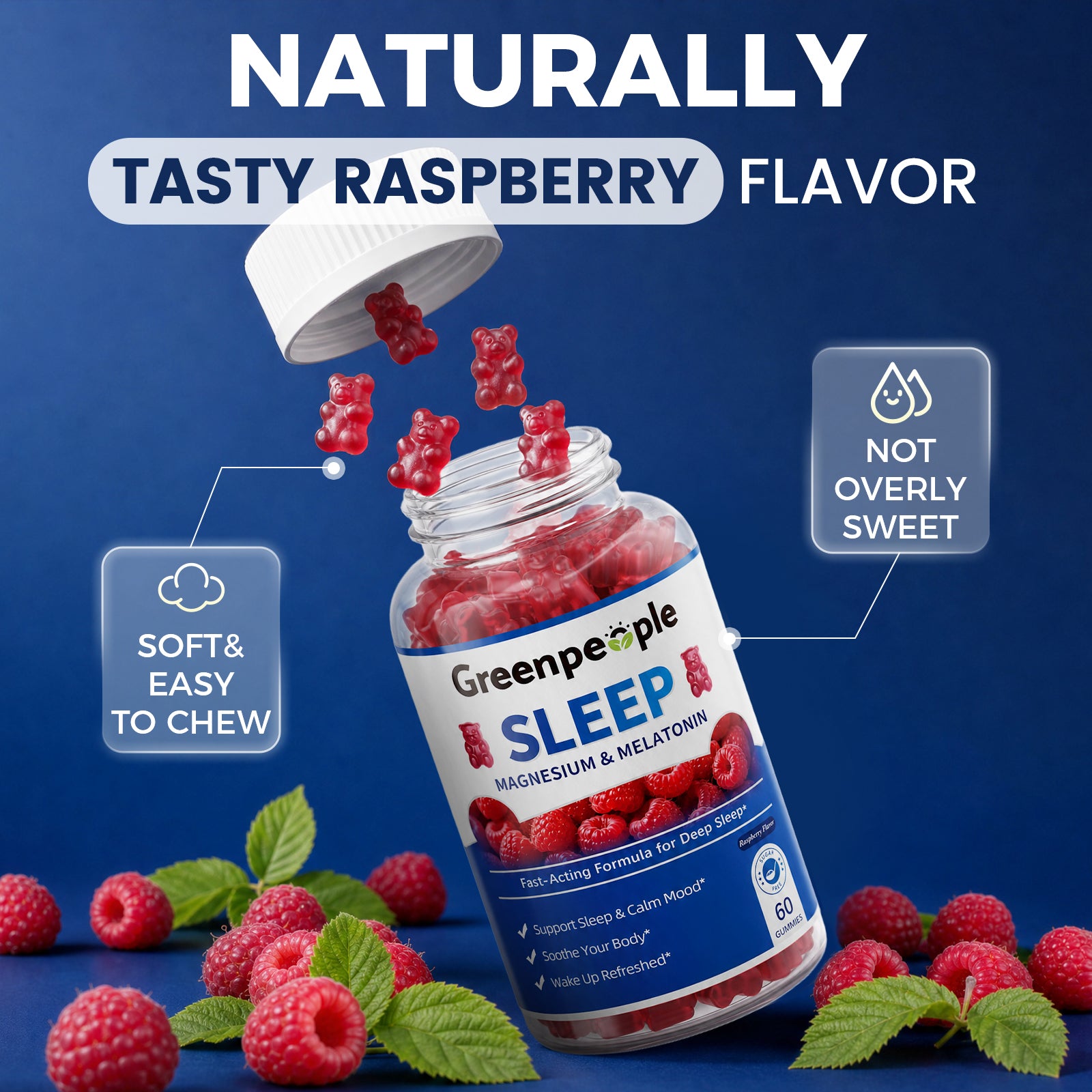 GreenPeople Magnesium & Melatonin Sleep Gummies, 60-count bottle, showing the colorful fruit-flavored gummy supplements.