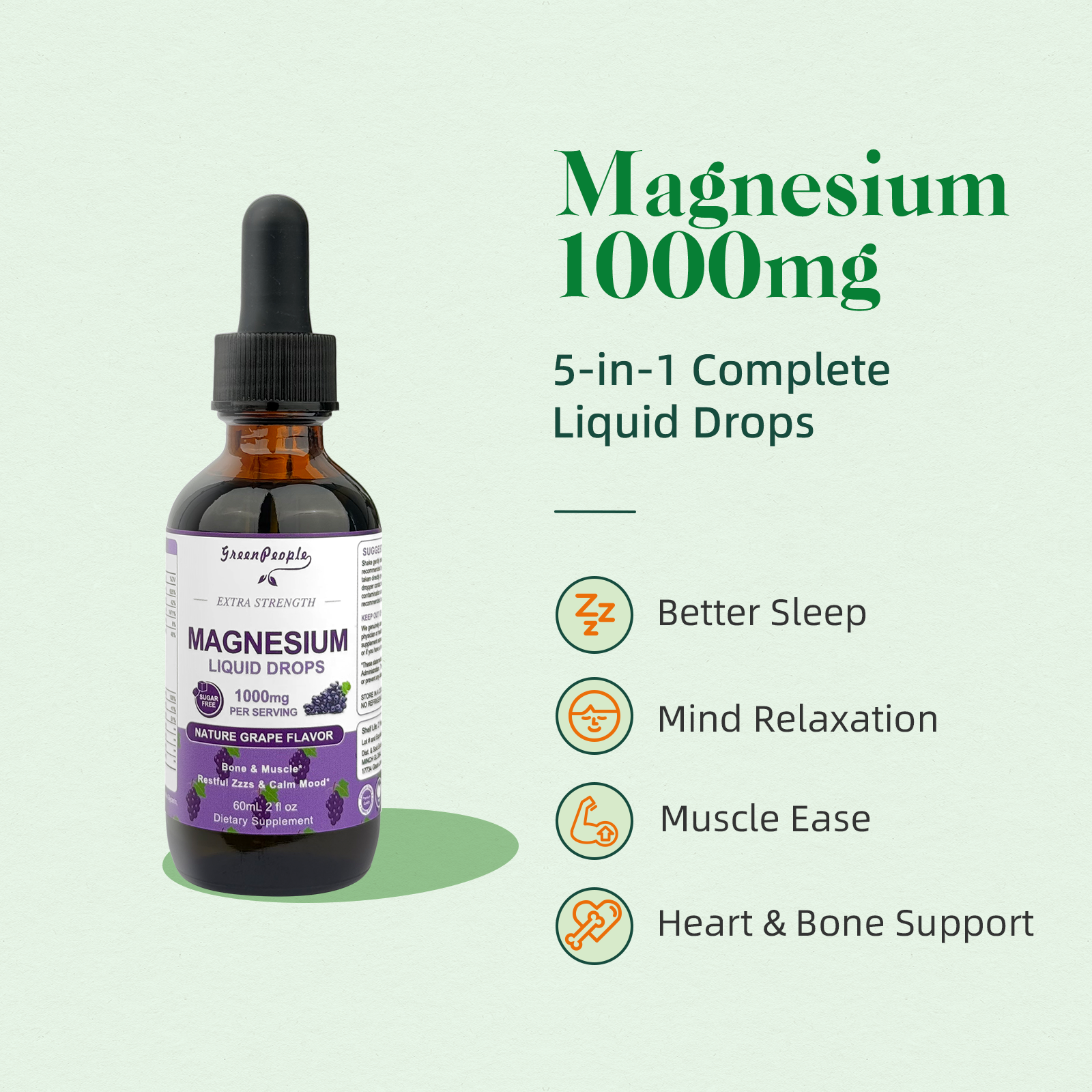 GreenPeople Magnesium Glycinate Liquid Drops – 1000mg Liquid Magnesium Complex with D3, K2 & B6 – Sugar-Free Grape Flavor - GreenPeople