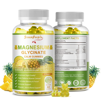 GreenPeople Magnesium Glycinate Gummies with Citrate 1000mg Supplement with Vitamin D, K2 for Calm Mood & Zzz Support - 60 Pineapple Gummies