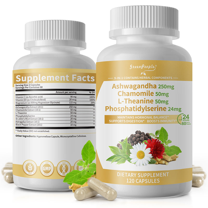 Cortisol Balance Support– 5000mg Ashwagandha + Magnesium Glycinate - 120 Vegan Capsules - GreenPeople
