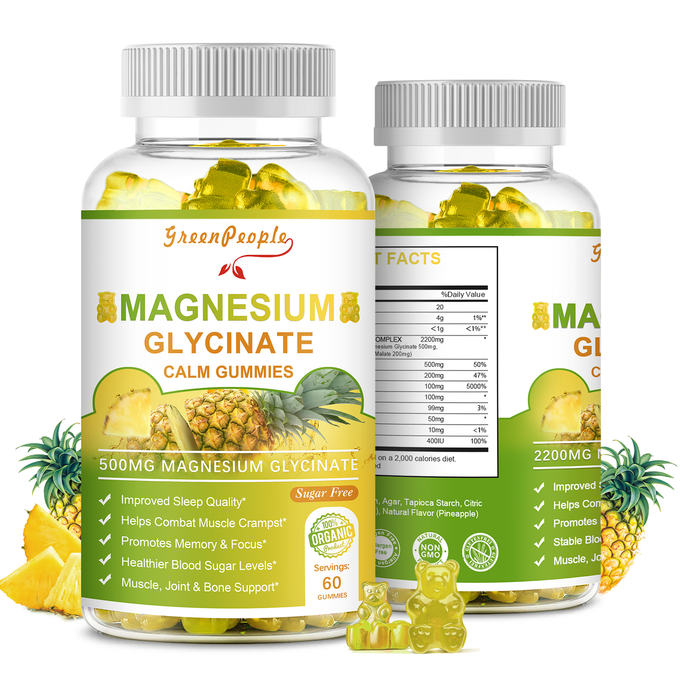 GREENPEOPLE Pineapple Flavor Magnesium Potassium Supplement Gummies Sugar Free