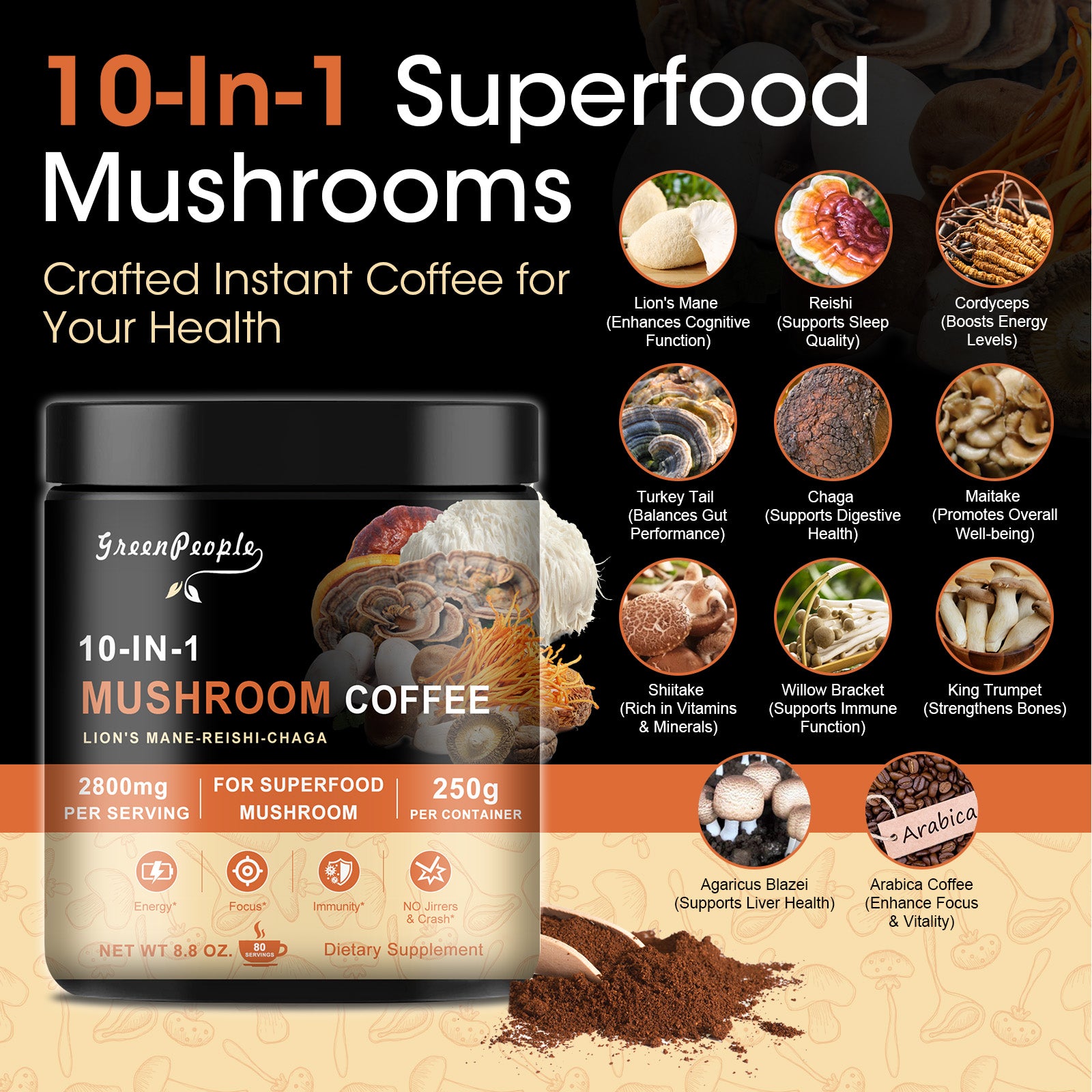 GREENPEOPLE 10 in 1 Mushroom Premium Arabica Instant Coffee with Lion’s Mane, Reishi, Turkey Tail & More