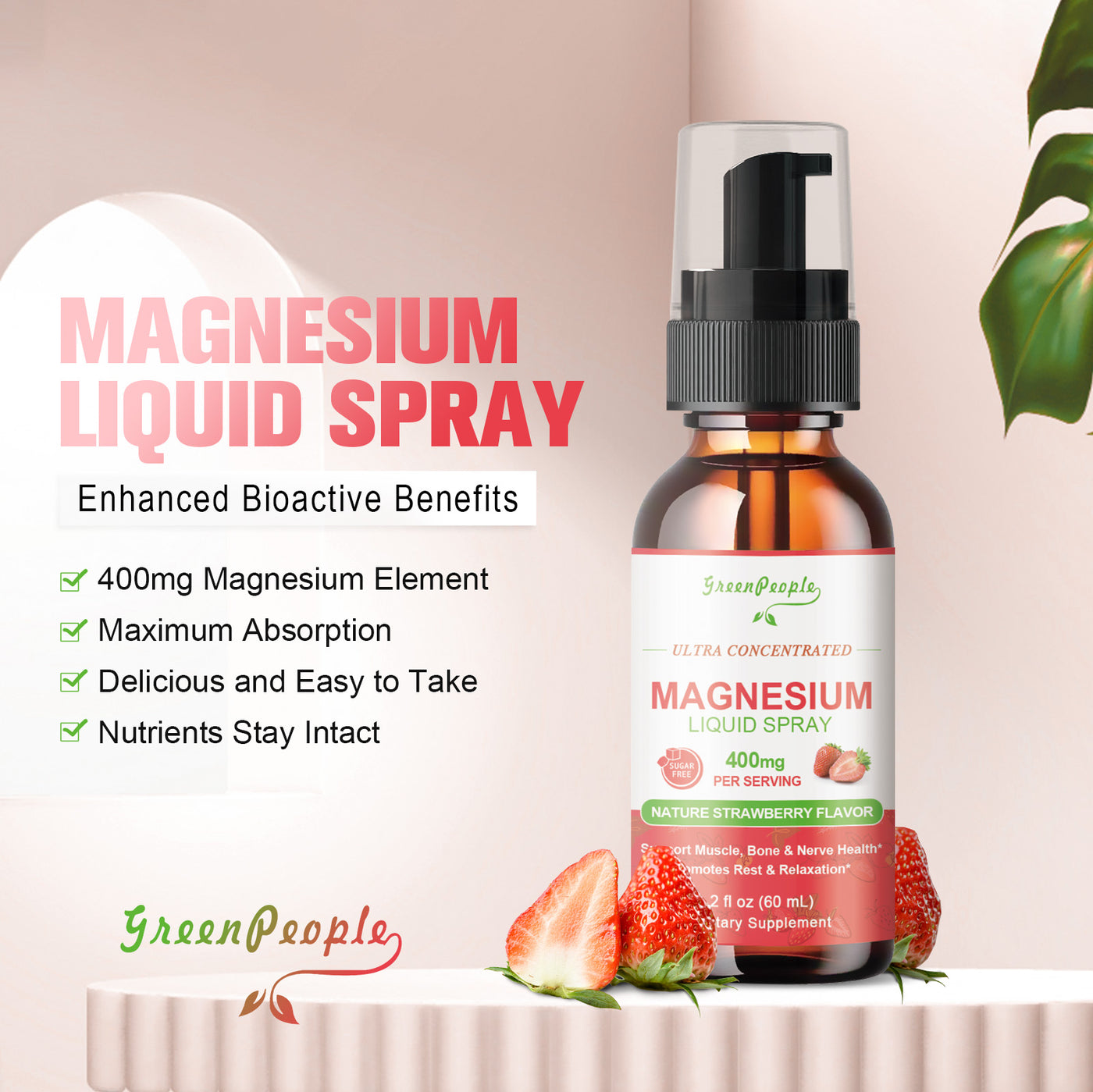 GREENPEOPLE Magnesium Complex Liquid Spray Strawberry Flavor 400mg of Magnesium Glycinate, Taurate, Malate & Oxide