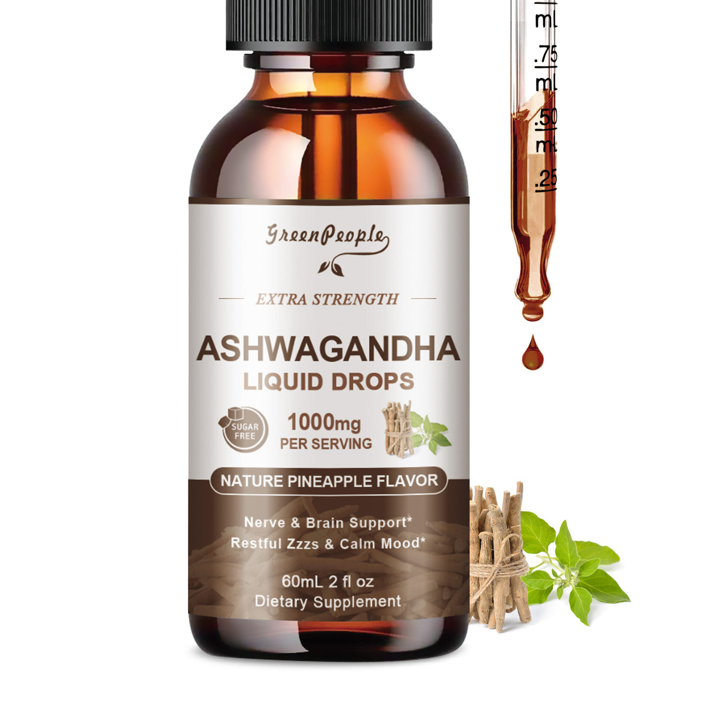 GREENPEOPLE Ashwagandha Liquid Drops Supplement for Men & Women 3000mg Gluten-Free