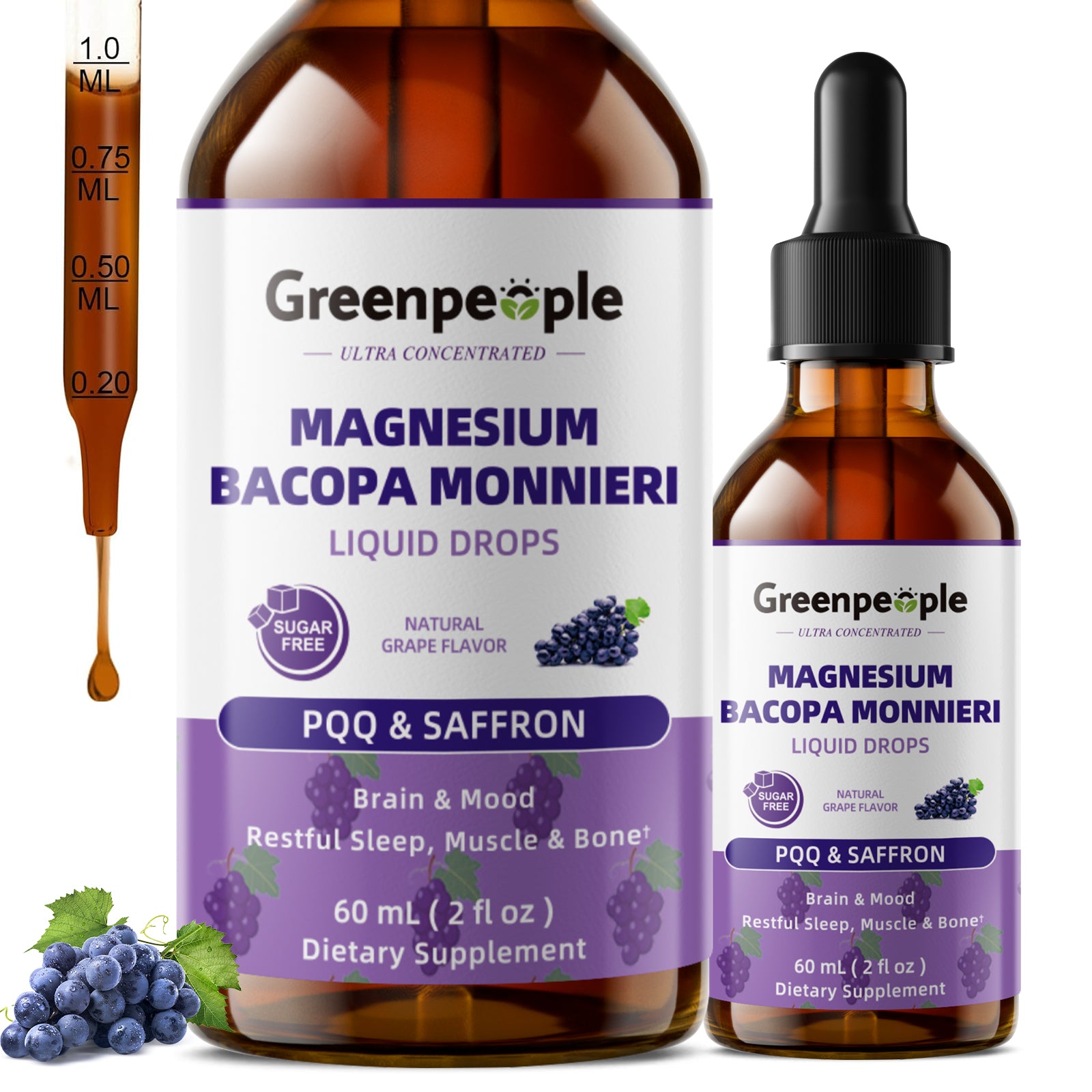 GreenPeople 4-in-1 Magnesium Glycinate Liquid Drops in 2 fl oz bottle, showing the dropper and clear liquid inside the bottle.