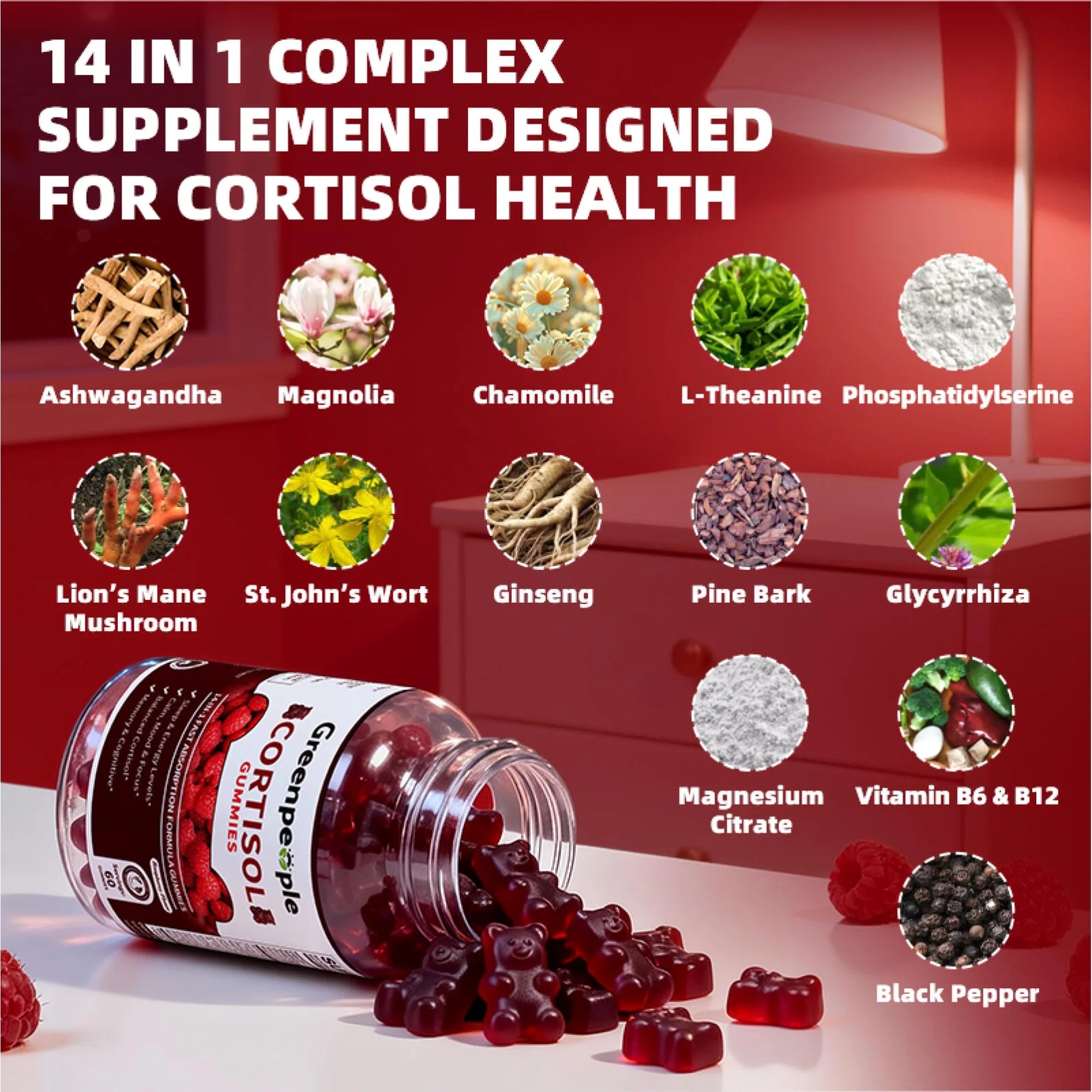 GreenPeople Cortisol Supplements for Women | Cortisol Support Gummies | 14-in-1 Fast Absorption Formula | Sleep & Energy Support | 60CT - GreenPeople