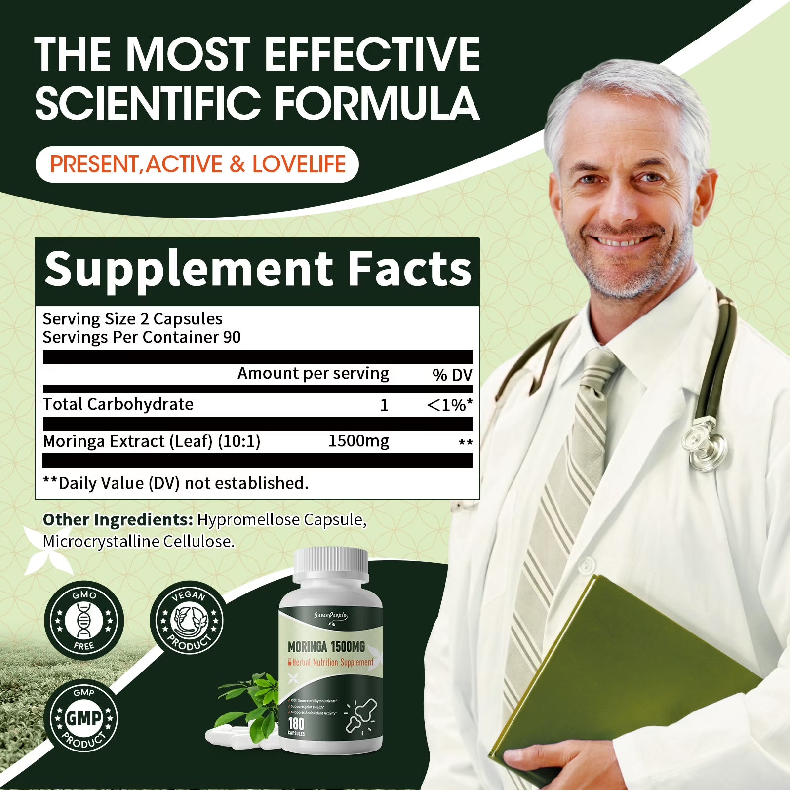 GreenPeople Moringa Pure Capsules and Moringa Powder, natural green Moringa leaf extract in two bottles, 180 pcs each