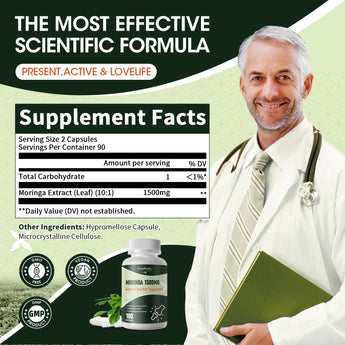 Moringa Pure Capsules, Rich Moringa Powder, Natural Green Moringa Leaf Extract Superfood - Supports Energy, Skin Health, Gut Health, 180pcs