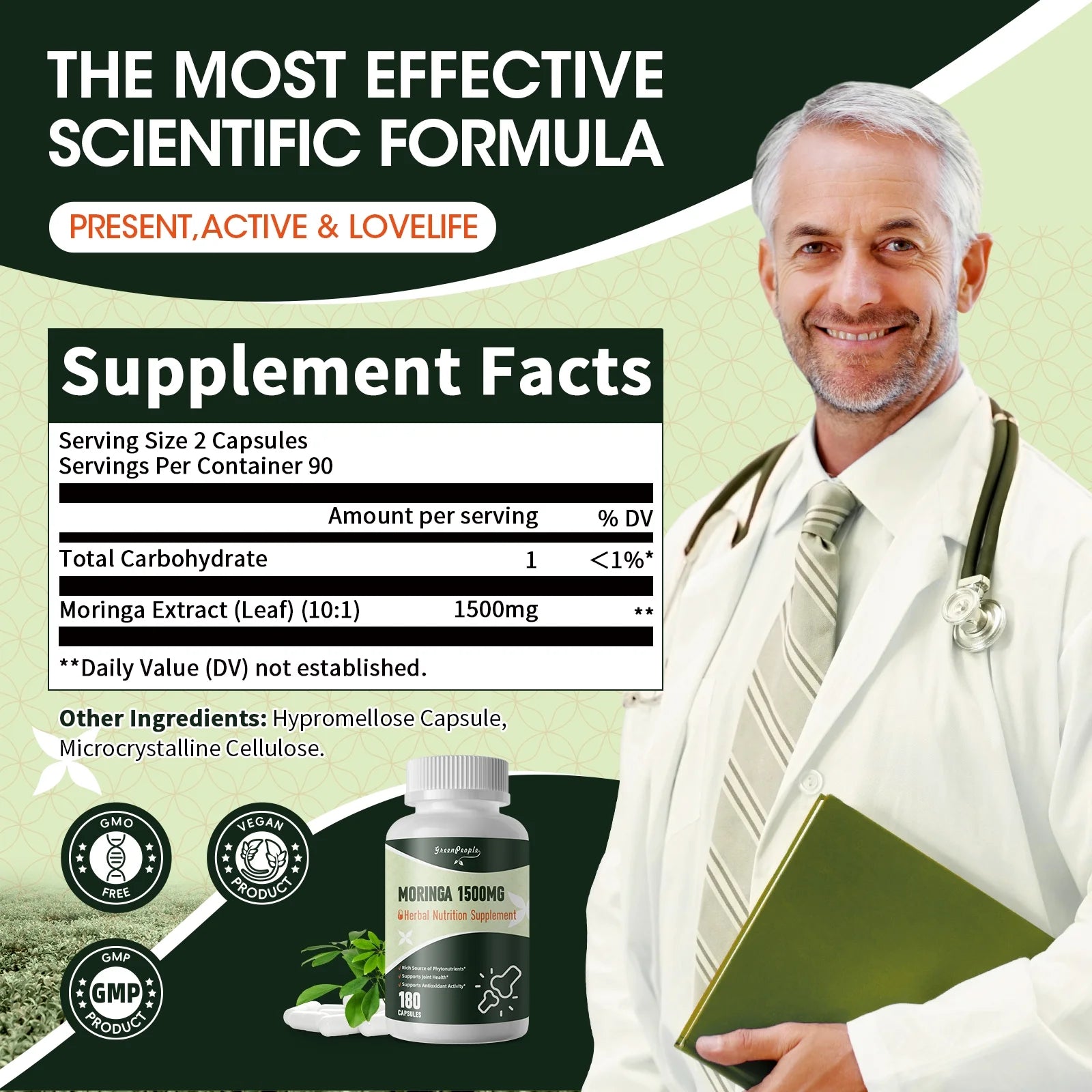 Moringa Pure Capsules, Rich Moringa Powder, Natural Green Moringa Leaf Extract Superfood - Supports Energy, Skin Health, Gut Health, 180pcs - GreenPeople