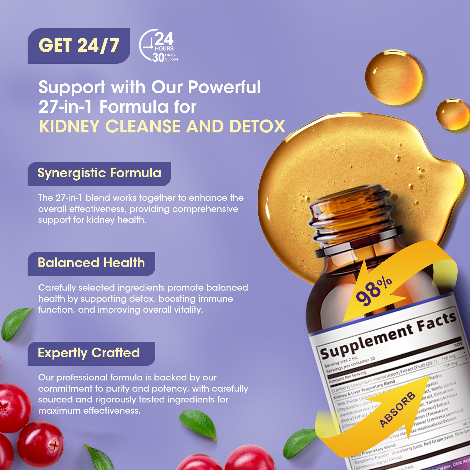 GreenPeople Advanced 27-in-1 Kidney and Liver Cleanse Drops in 60mL bottle, showing the product with herbal ingredients and dropper.