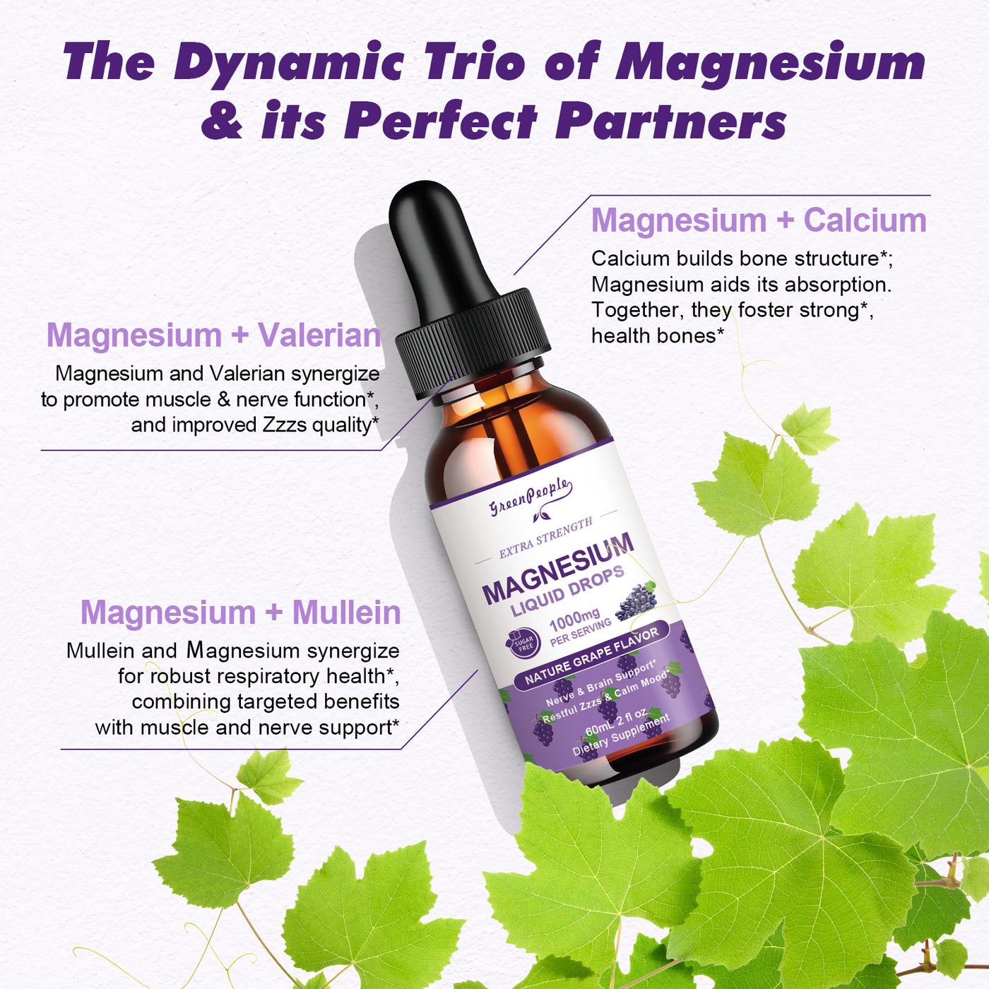 GREENPEOPLE Magnesium Glycinate Liquid Drops 1000mg Liquid Magnesium Complex with D3 K2 & B6 Sugar-Free Grape Flavor