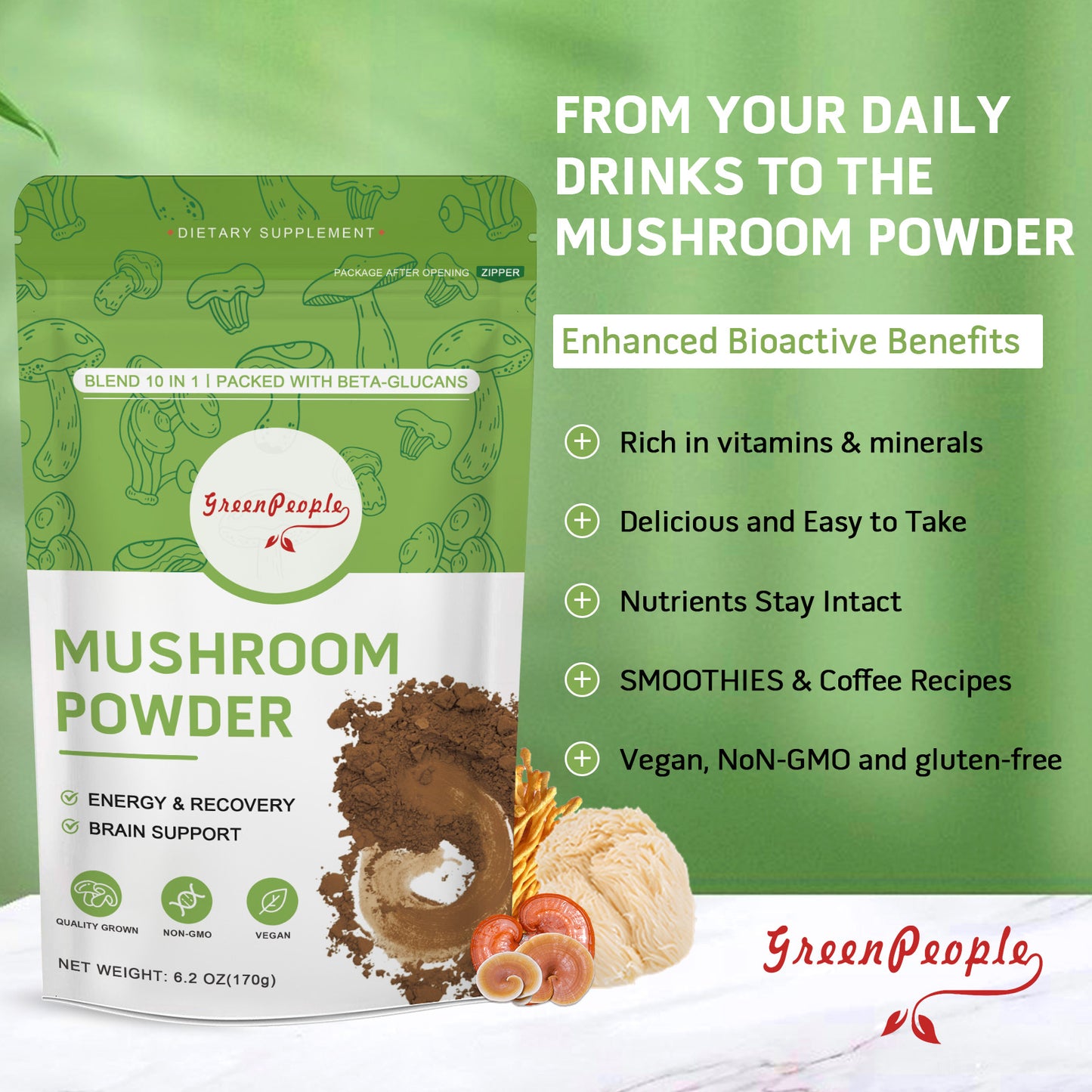 GREENPEOPLE Mushroom Blend Powder Supplement for Coffee & Smoothies