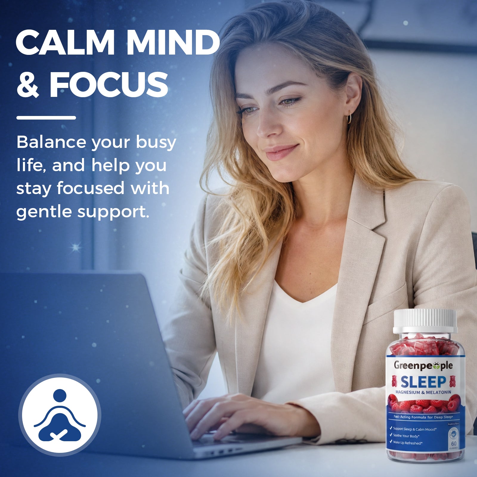 GreenPeople magnesium and melatonin sleep gummies bottle with 60 counts, showing colorful gummy supplements on the label.
