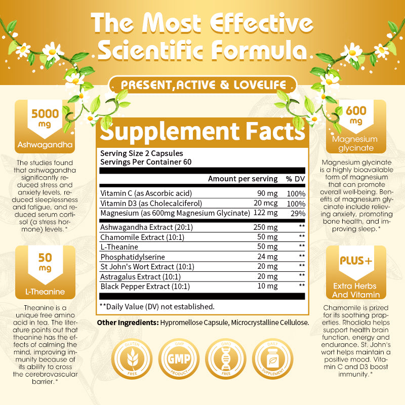 Cortisol Balance Support– 5000mg Ashwagandha + Magnesium Glycinate - 120 Vegan Capsules - GreenPeople