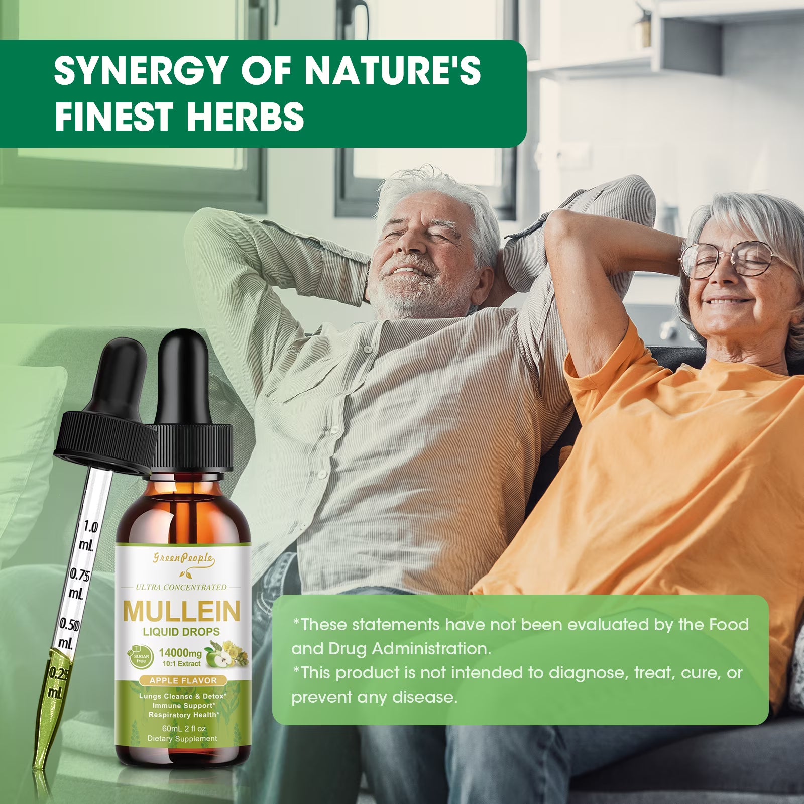 Vegan mullein leaf extract drops for lungs and immune support in a 4 fl oz bottle, apple flavor, by GreenPeople.
