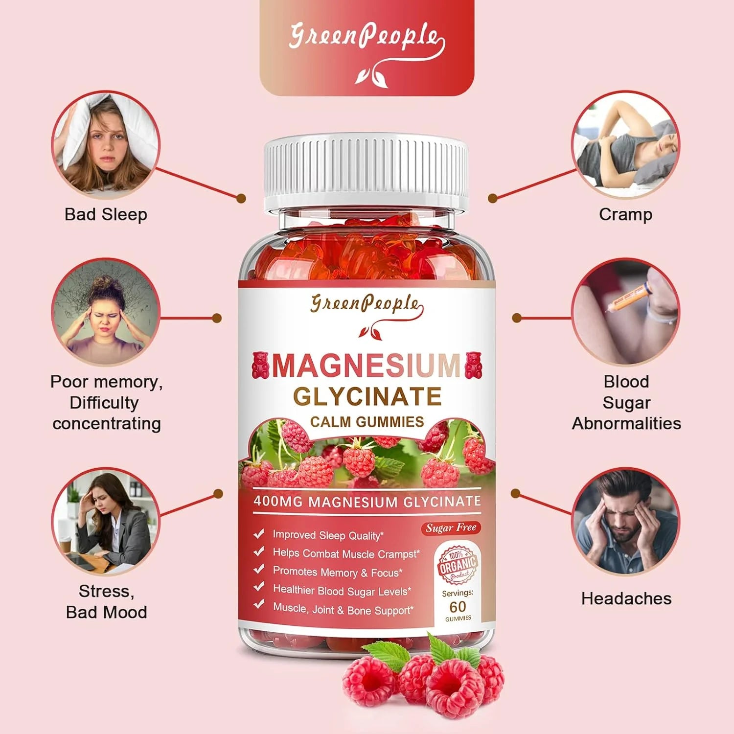 Magnesium Gummies 400mg Supplement Supports Calm Mood,Muscle,Bone,Sleep Health,60 Count - GreenPeople