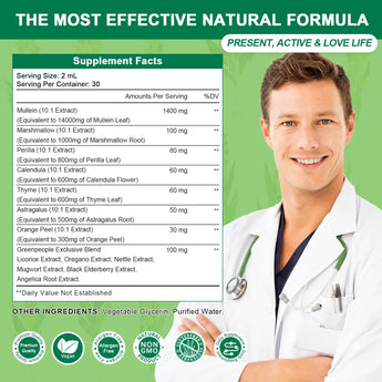 GreenPeople vegan mullein leaf extract drops in a 60ml bottle, used for lung cleansing and immune support with apple flavor.