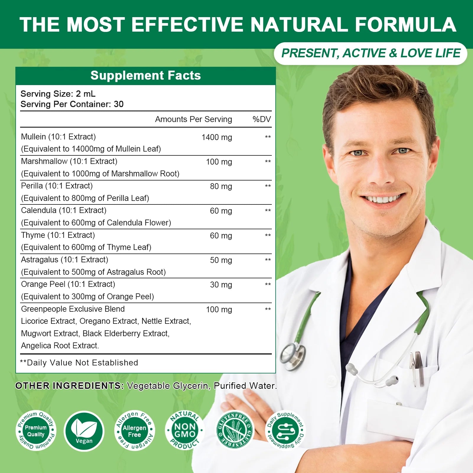 GreenPeople vegan mullein leaf extract drops in a 60ml bottle, used for lung cleansing and immune support with apple flavor.