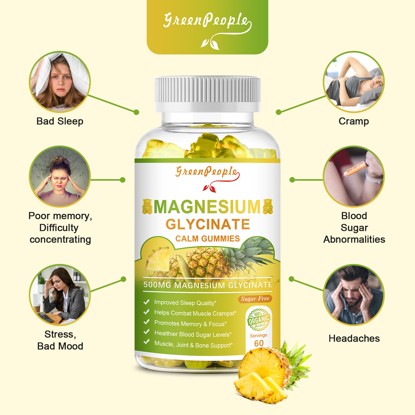 GREENPEOPLE Pineapple Flavor Magnesium Potassium Supplement Gummies Sugar Free