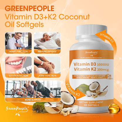 GreenPeople D3 K2 Vitamin Softgels Capsules Supplement MK7 Gluten Free and Non-GMO 300 Vegetarian Coconut Oil