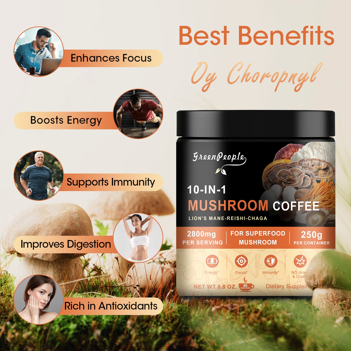 GREENPEOPLE 10 in 1 Mushroom Premium Arabica Instant Coffee with Lion’s Mane, Reishi, Turkey Tail & More