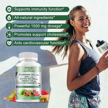 GreenPeople Berberine 1500mg Supplement with Ceylon Cinnamon Bitter Melon/Artichoke Extracts & Natural Herbs for Immune Support 120 Count