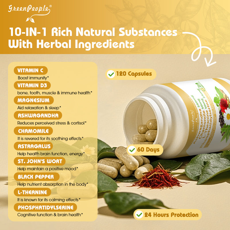 Cortisol Balance Support– 5000mg Ashwagandha + Magnesium Glycinate - 120 Vegan Capsules - GreenPeople
