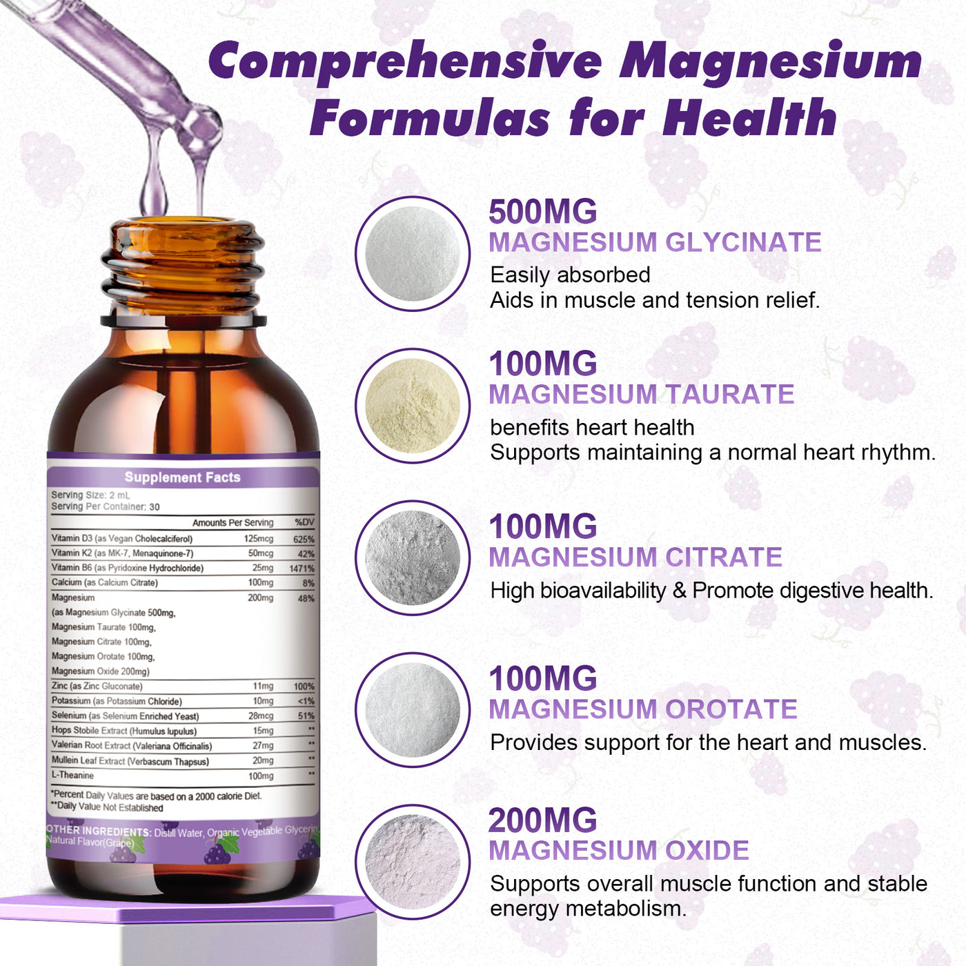 GREENPEOPLE Magnesium Glycinate Liquid Drops 1000mg Liquid Magnesium Complex with D3 K2 & B6 Sugar-Free Grape Flavor