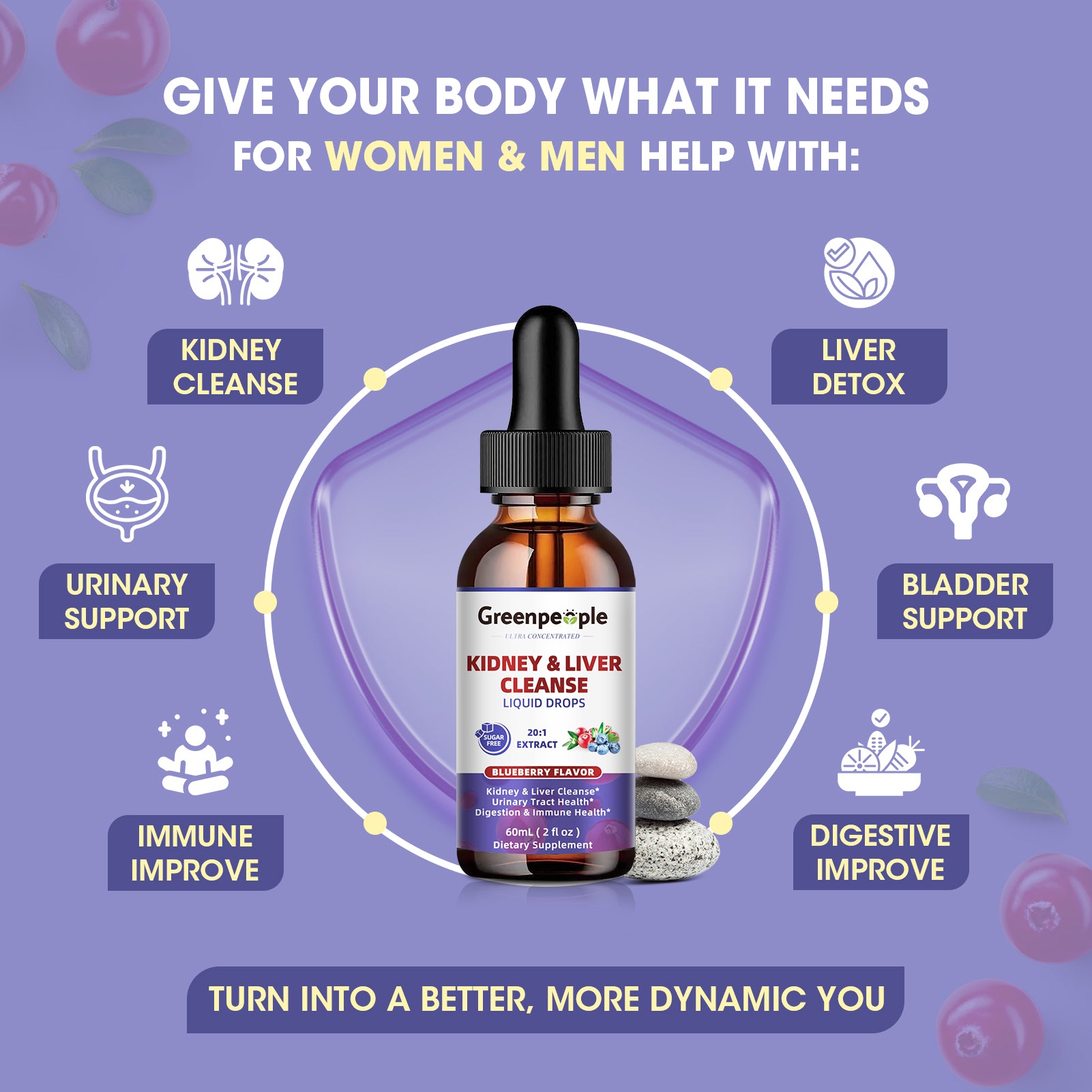 GreenPeople Advanced 27-in-1 Kidney & Liver Cleanse Drops in a 60mL bottle, showing the dropper and packaging.