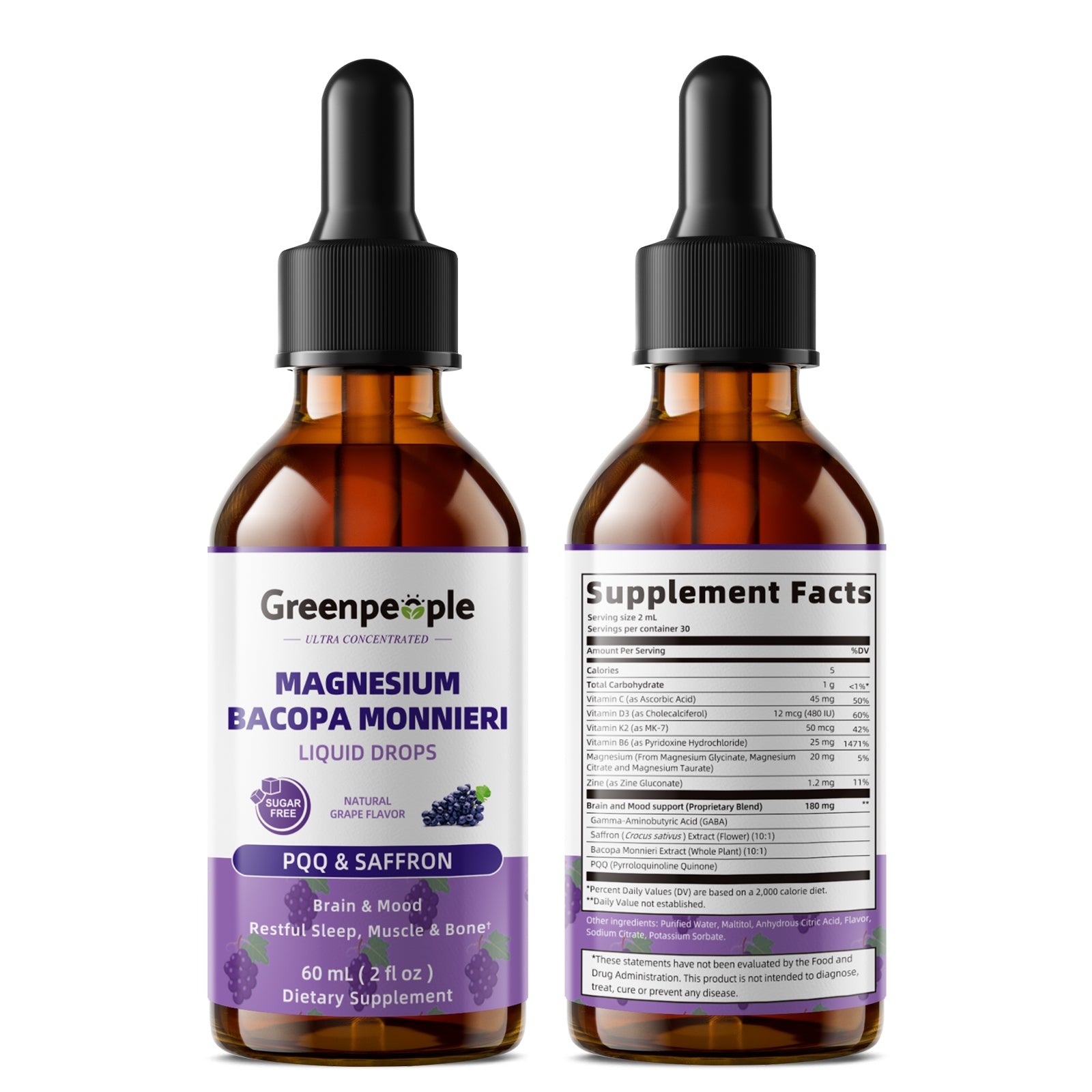 GreenPeople 4-in-1 Magnesium Glycinate Liquid Drops in a 2 fl oz bottle with a dropper cap on a white background