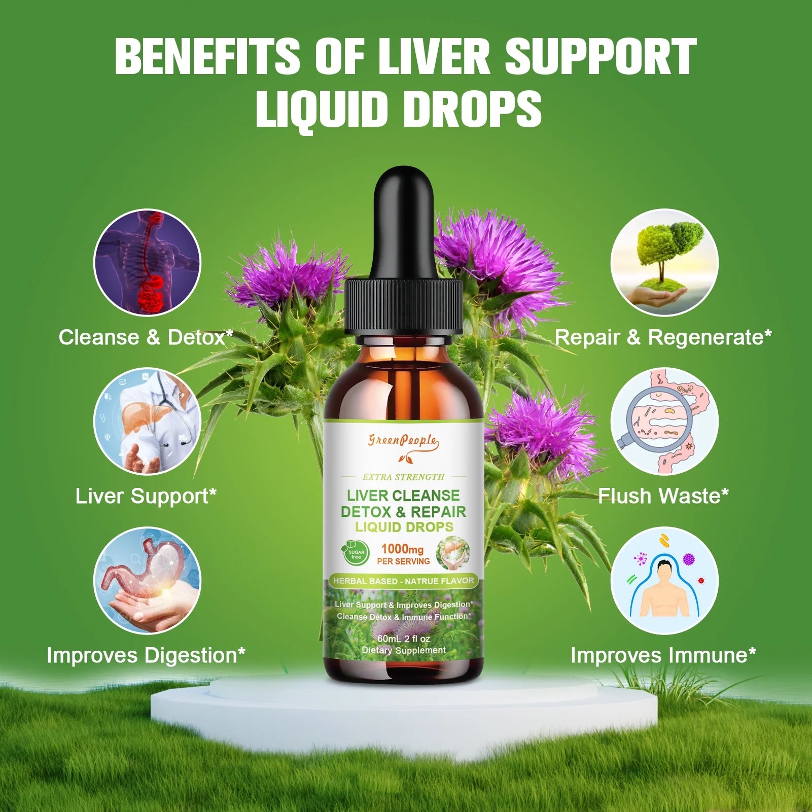 GreenPeople 16-in-1 Liver Support Liquid Drops with 1000 mg Milk Thistle Seed Extract, 2 fl oz bottle for liver cleansing.
