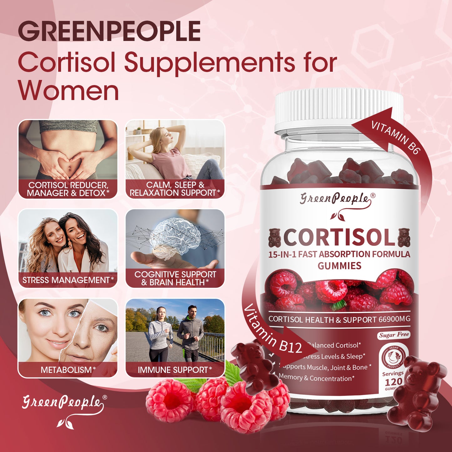 Cortisol Gummies Supplements for Women Raspberry Flavor 120 counts 60 days Support