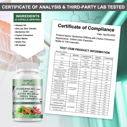 GreenPeople Berberine 1500mg Supplement with Ceylon Cinnamon Bitter Melon/Artichoke Extracts & Natural Herbs for Immune Support 120 Count