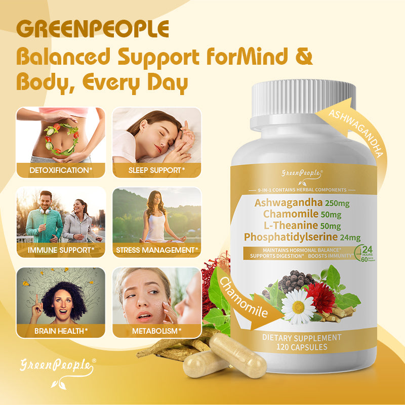 Cortisol Balance Support– 5000mg Ashwagandha + Magnesium Glycinate - 120 Vegan Capsules - GreenPeople