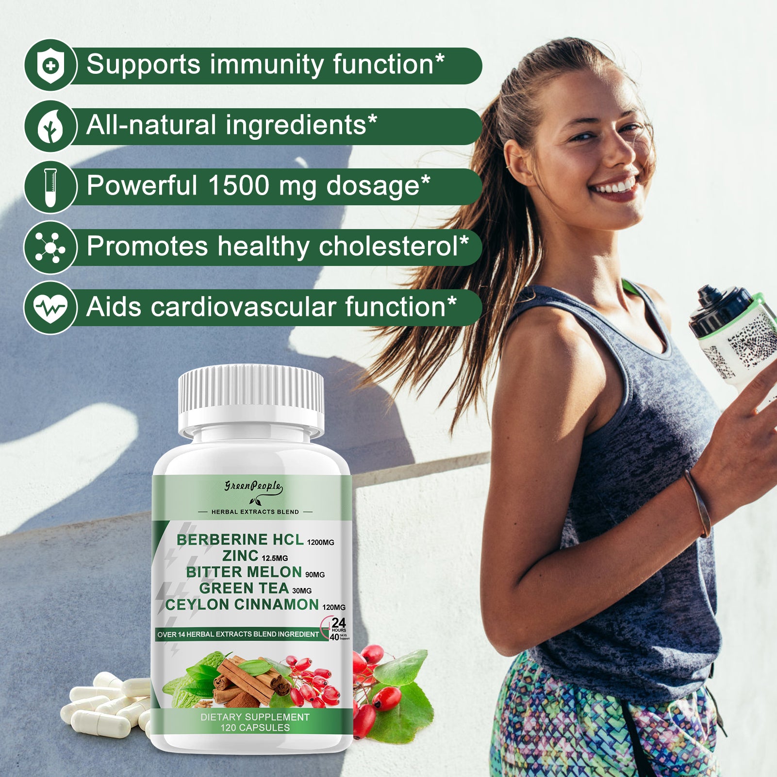 Berberine HCL 1200mg, 120 Capsules Berberine Supplement- Plus Bitter Melon Extract & Ceylon Cinnamon for Immune System - GreenPeople