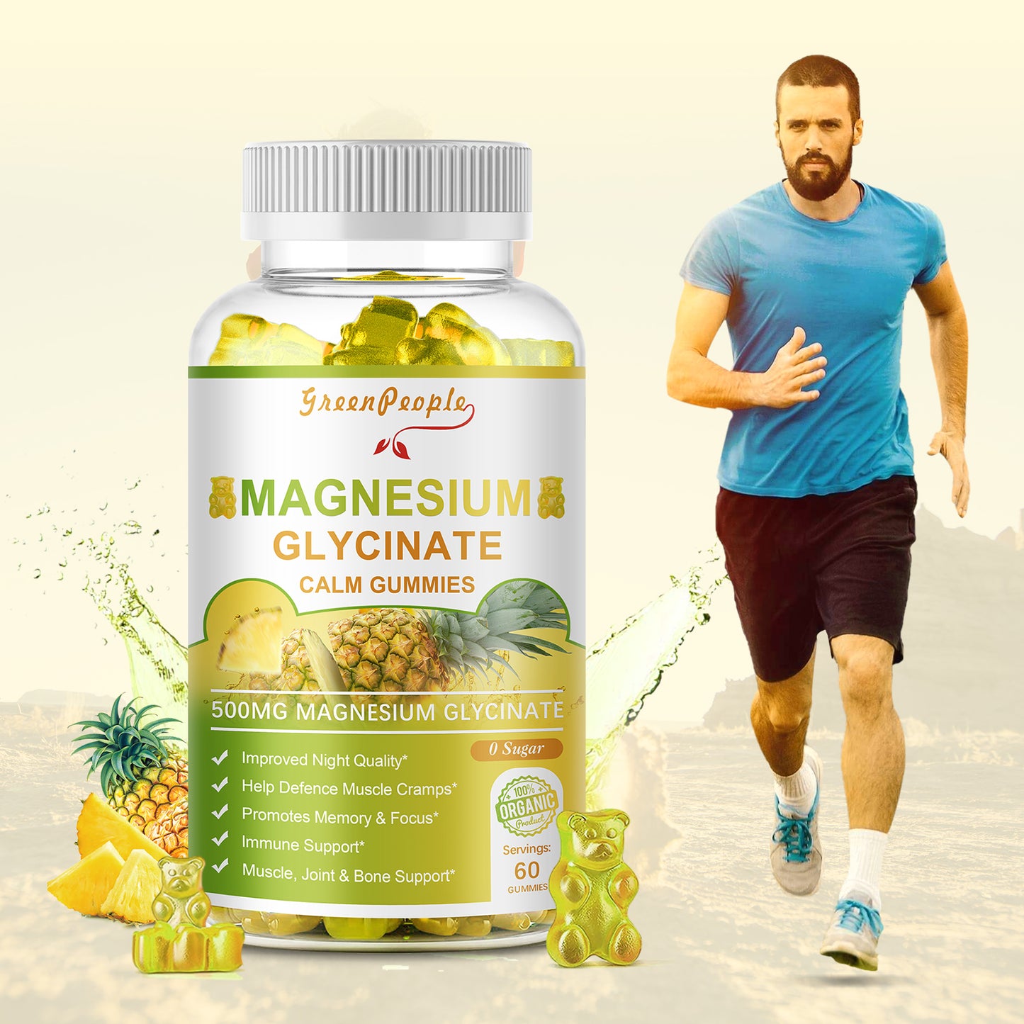 GREENPEOPLE Pineapple Flavor Magnesium Potassium Supplement Gummies Sugar Free