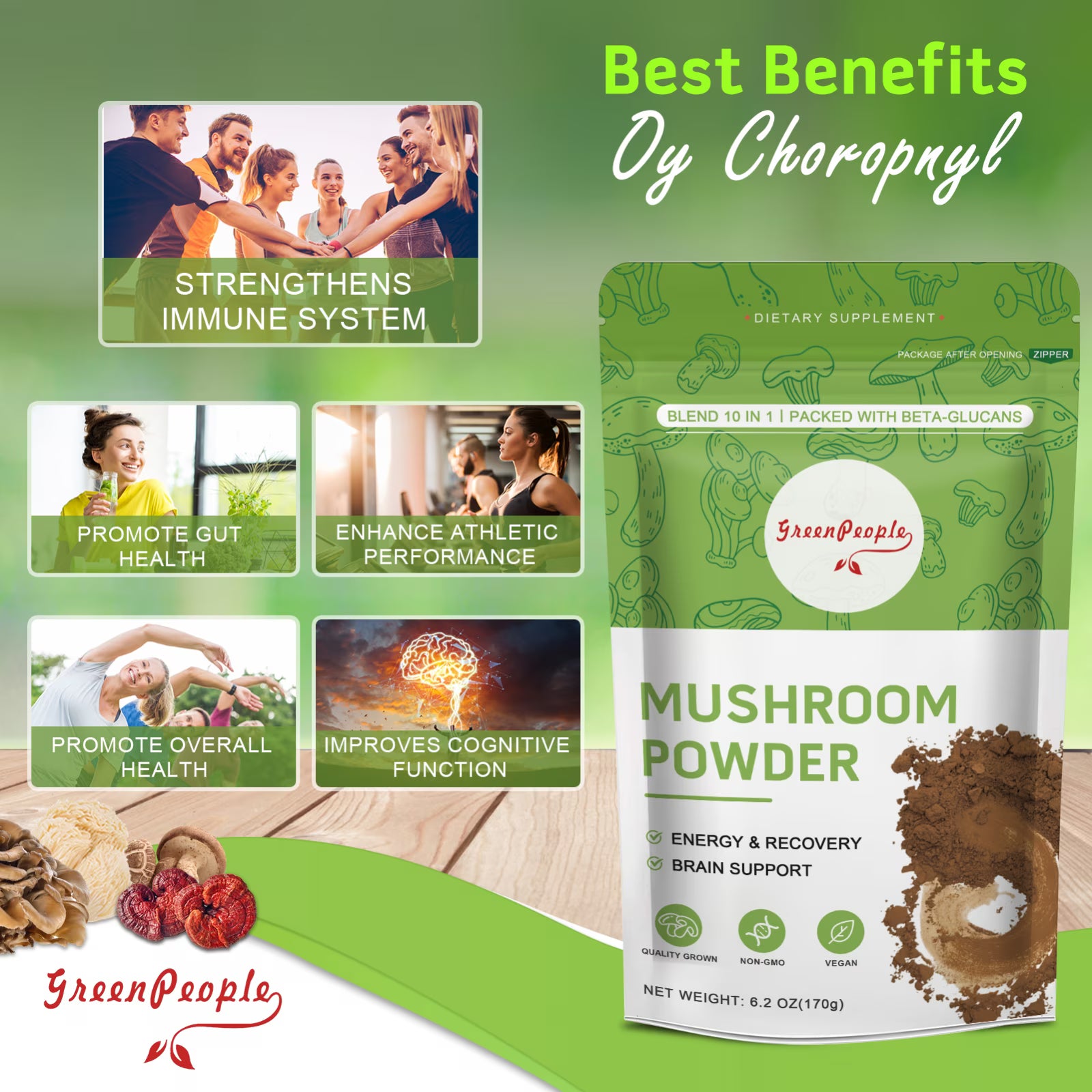 GreenPeople Mushroom Coffee with 10 mushroom blend and cordyceps, 6.2oz superfood powder in a jar with a scoop and mushroom images