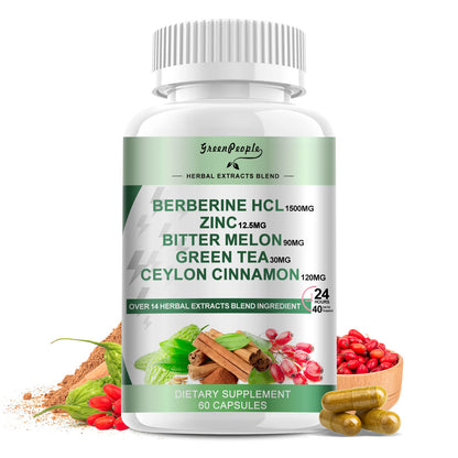 GreenPeople Berberine 1500mg Supplement with Ceylon Cinnamon Bitter Melon/Artichoke Extracts & Natural Herbs for Immune Support 120 Count