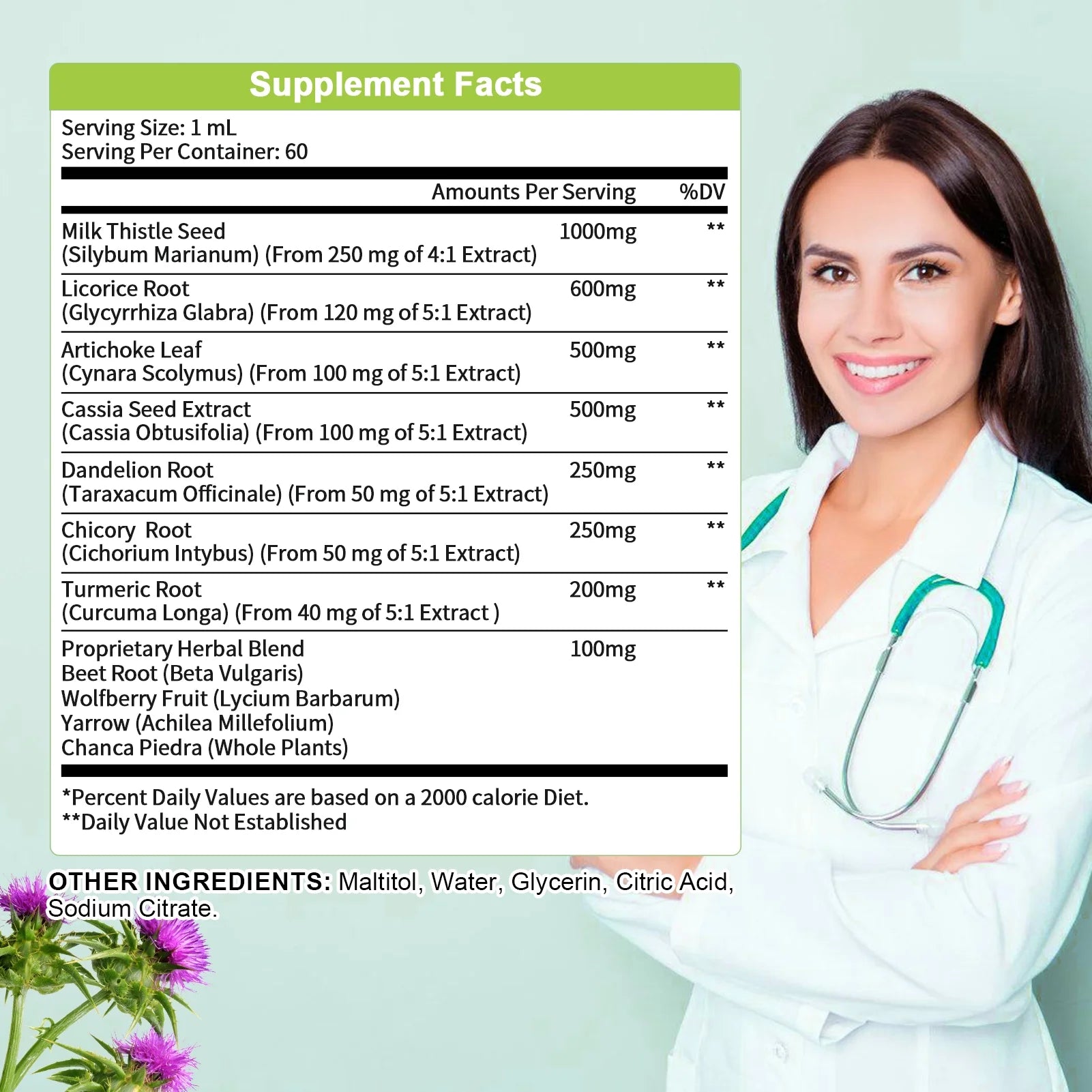 GreenPeople 16-in-1 Liver Support Liquid Drops with 1000mg Milk Thistle Seed Extract, 2 fl oz bottle for liver cleansing.