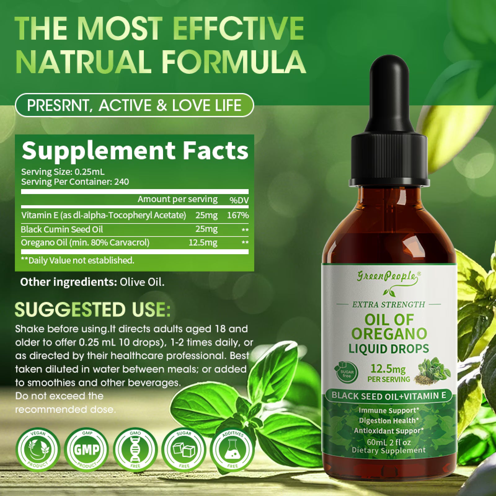 GreenPeople herbal oregano oil drops in a 2 fl oz bottle, showcasing the liquid oregano supplement for immune and digestive health.