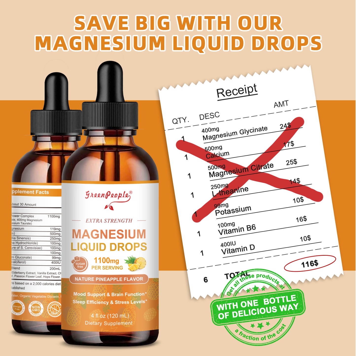 GREENPEOPLE 17-in-1 Triple Magnesium Complex Supplement Liquid Drops Pineapple Flavor