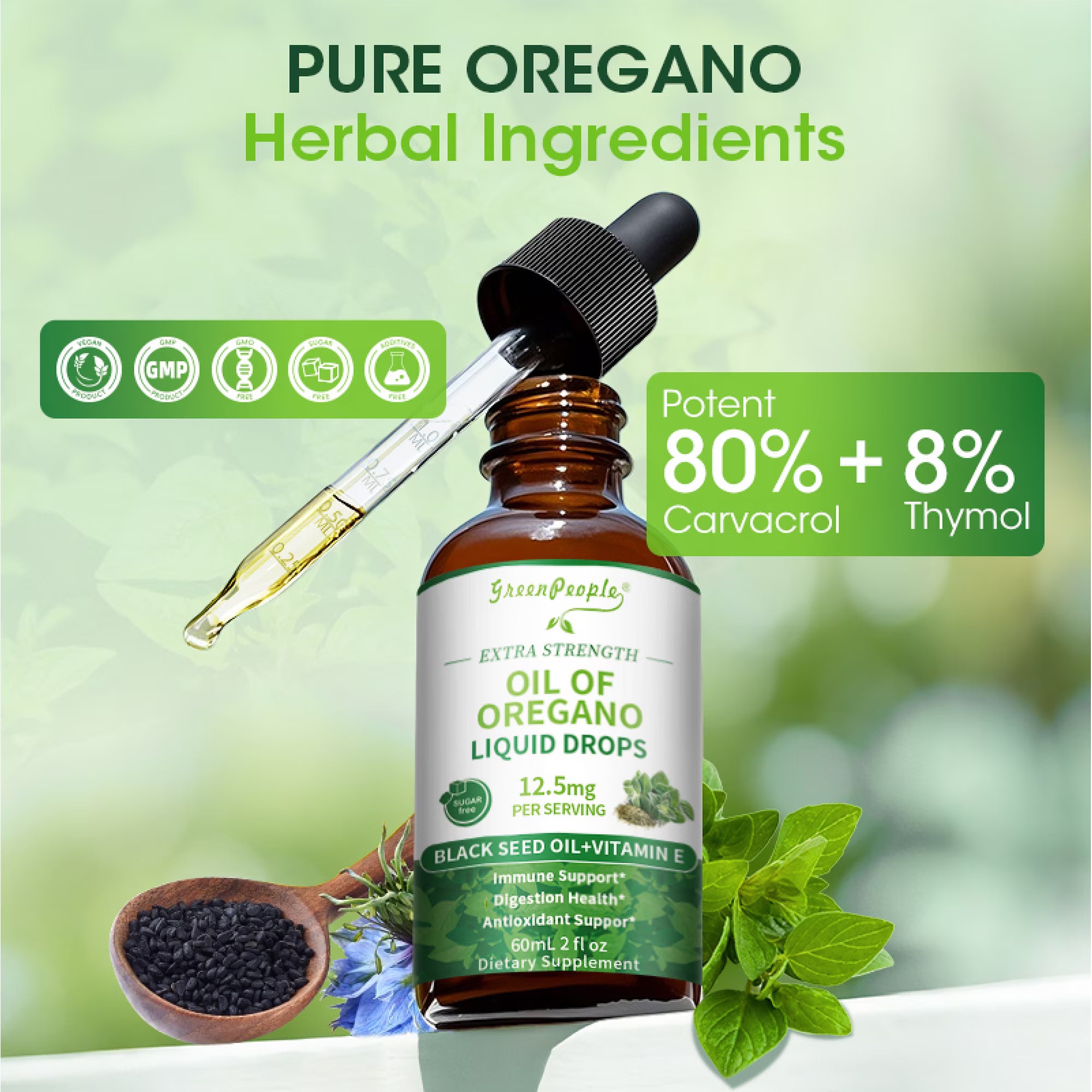 GreenPeople oregano oil drops in a glass bottle, herbal liquid supplement for immune and digestive health, vegan and non-GMO.