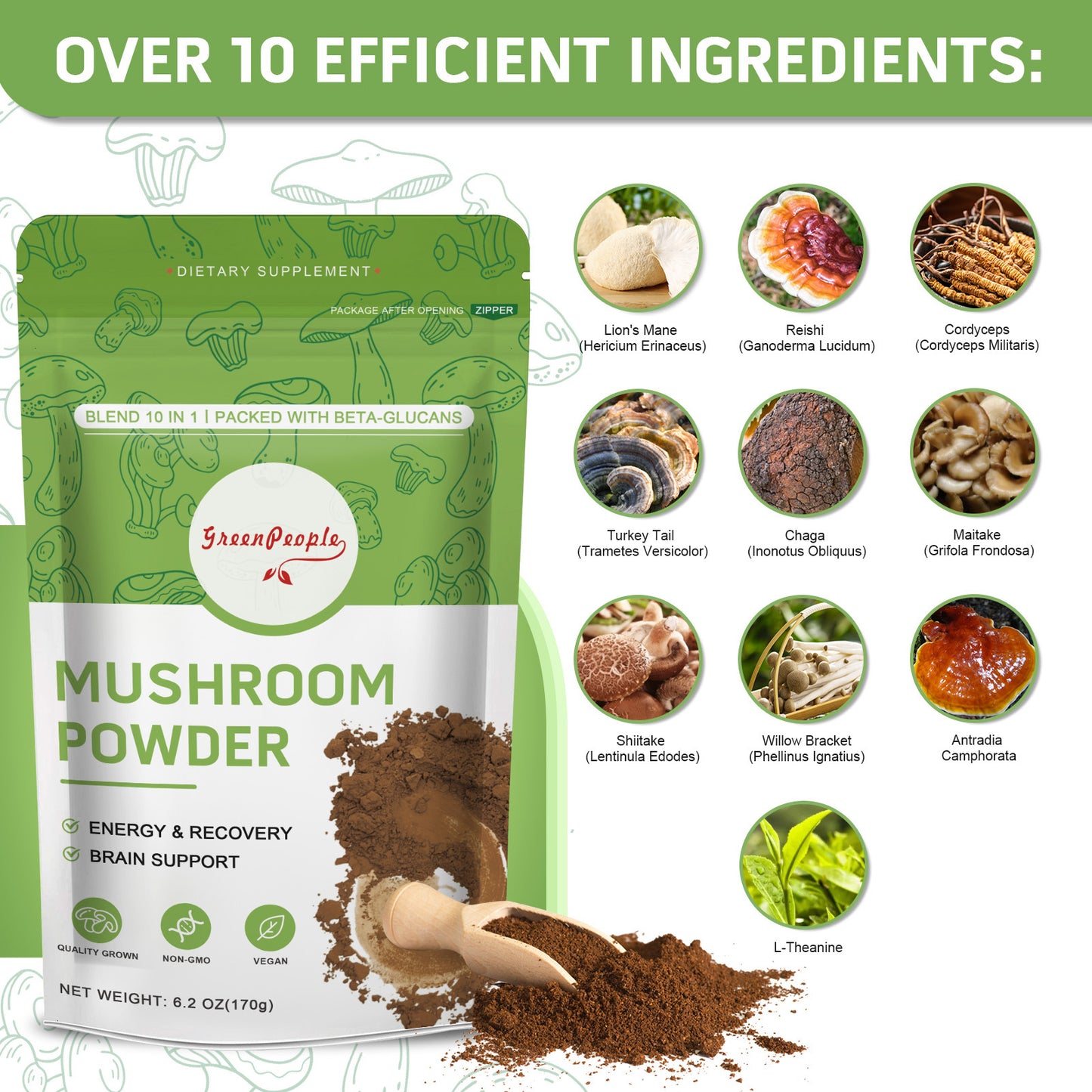 GREENPEOPLE Mushroom Blend Powder Supplement for Coffee & Smoothies