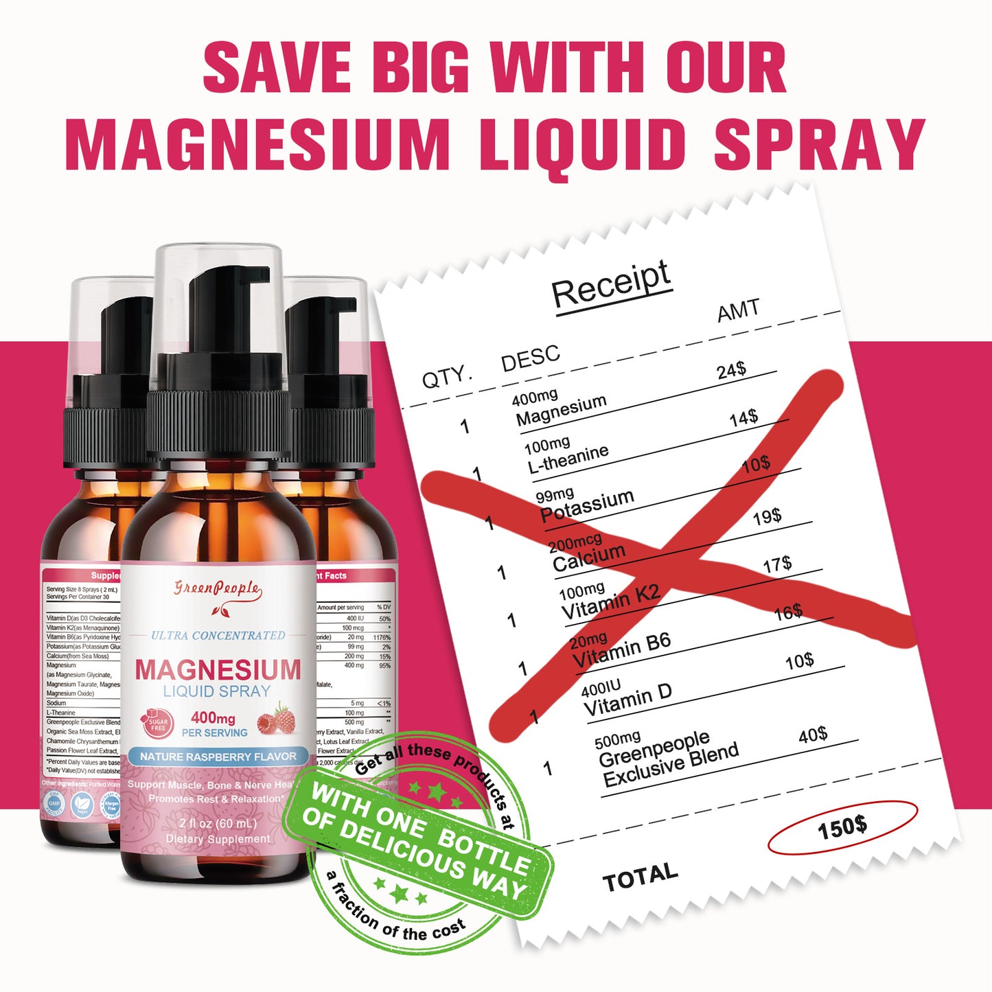 GREENPEOPLE Magnesium Complex Liquid Spray 400mg of Magnesium Glycinate Raspberry Flavor