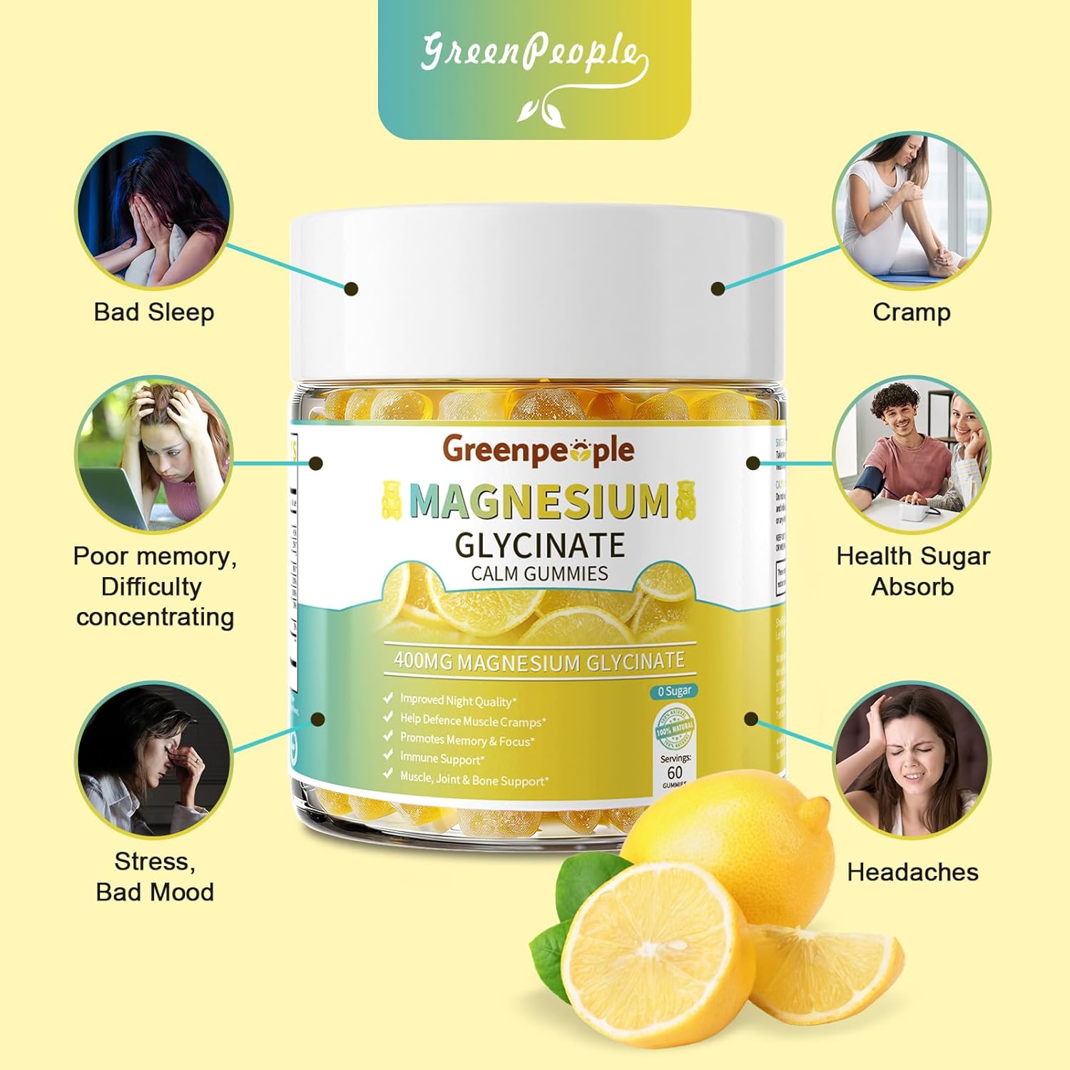 GreenPeople Sugar-Free Magnesium Glycinate Gummies – 400mg Advanced Calm & Sleep Support with Vitamin D3, B6 & Calcium (60 Count) - GreenPeople